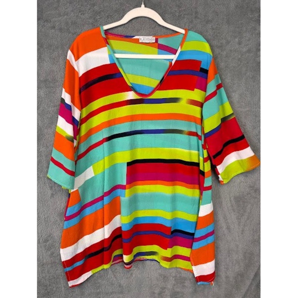 J Valdi Womens Multicolor Striped‎ V Neck Tunic Beach Cover Up LG XL 168077